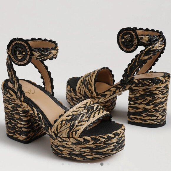 Sam Edelman Black Natural Raffia Lliana sz 7 Woven Platform Sandals Ankle Strap - Picture 1 of 15